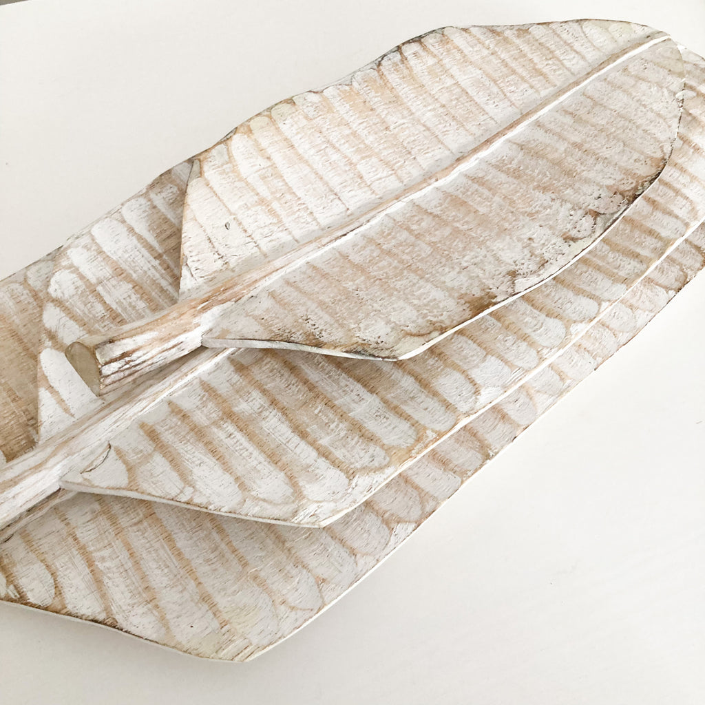 Ezria Wooden Whitewash Leaf Plates - Set of 3
